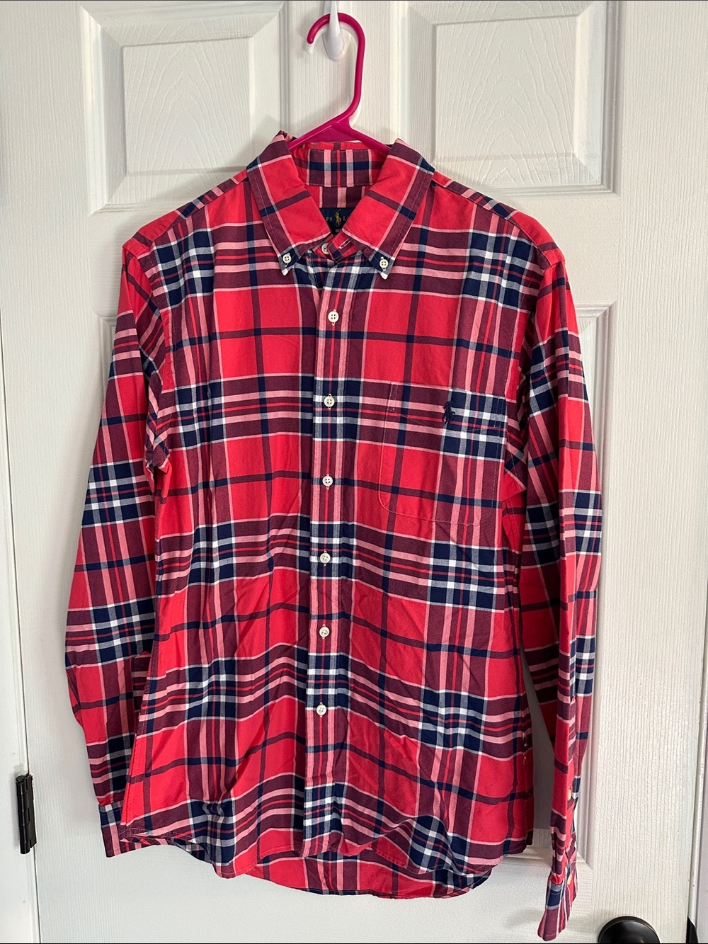 Polo by Ralph Lauren Slim Fit Red Plaid Button-Down Shirt with Navy Accents - M
